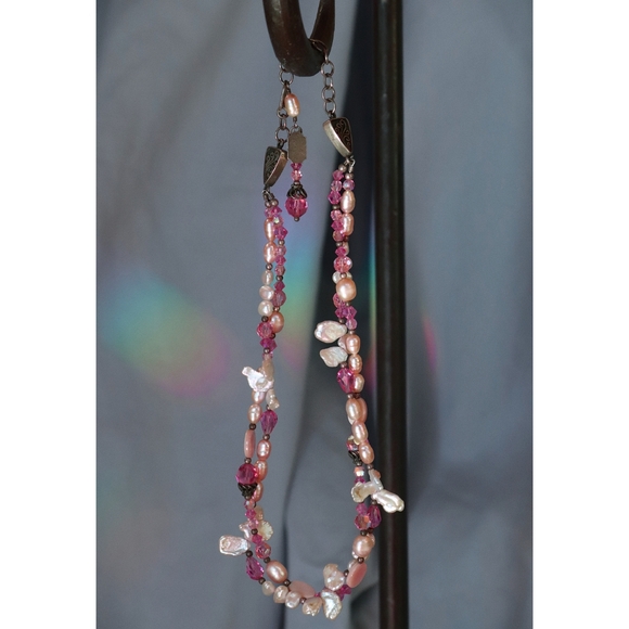 Tres Jolie Pink Crystals Pearls and Sterling Silver Double Strand Necklace - Picture 4 of 4